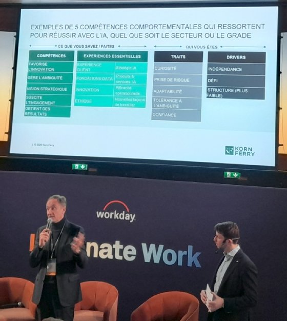 Philippe Remy sur la scène de Workday Illuminate, le 17&nbsp;février 2026 et le résumé du profil type «&nbsp;AI Proof&nbsp;» de Korn Ferry
