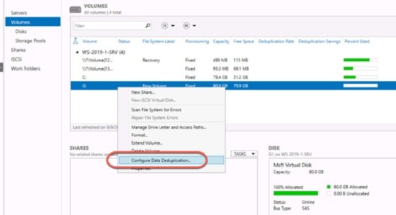La troisième étape de la configuration de la déduplication des données consiste à cliquer sur « Configurer la déduplication des données » dans le nœud « Volumes ».