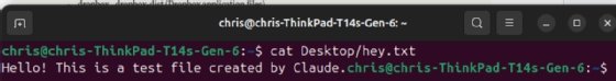 Capture d'écran du terminal affichant le contenu du fichier « hey.txt » après utilisation de la commande cat : « Bonjour ! Ceci est un fichier test créé par Claude »