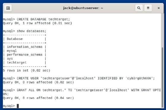 Capture d'écran de la liste des bases de données MySQL obtenues à partir de la commande show databases; 
