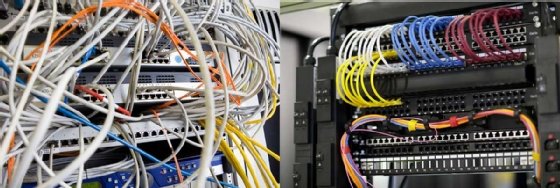 Comparez une mauvaise gestion des câbles (à gauche) à une bonne gestion des câbles (à droite).