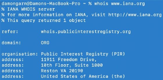 Requête Whois pour www.iana.org.