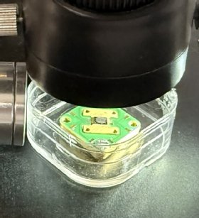 La puce sur laquelle est gravée le quantum dot qui, plongée à moins de 1 degré Kelvin, sera bombardée d’un laser pour produire des photons uniques.